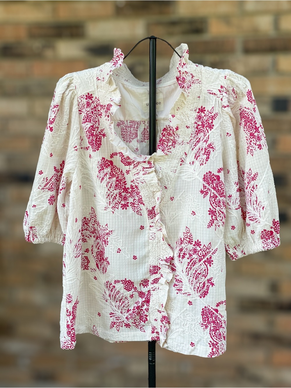 Umgee Large Ivory Pink Paisley Embroidered Ruffle Blouse Boho